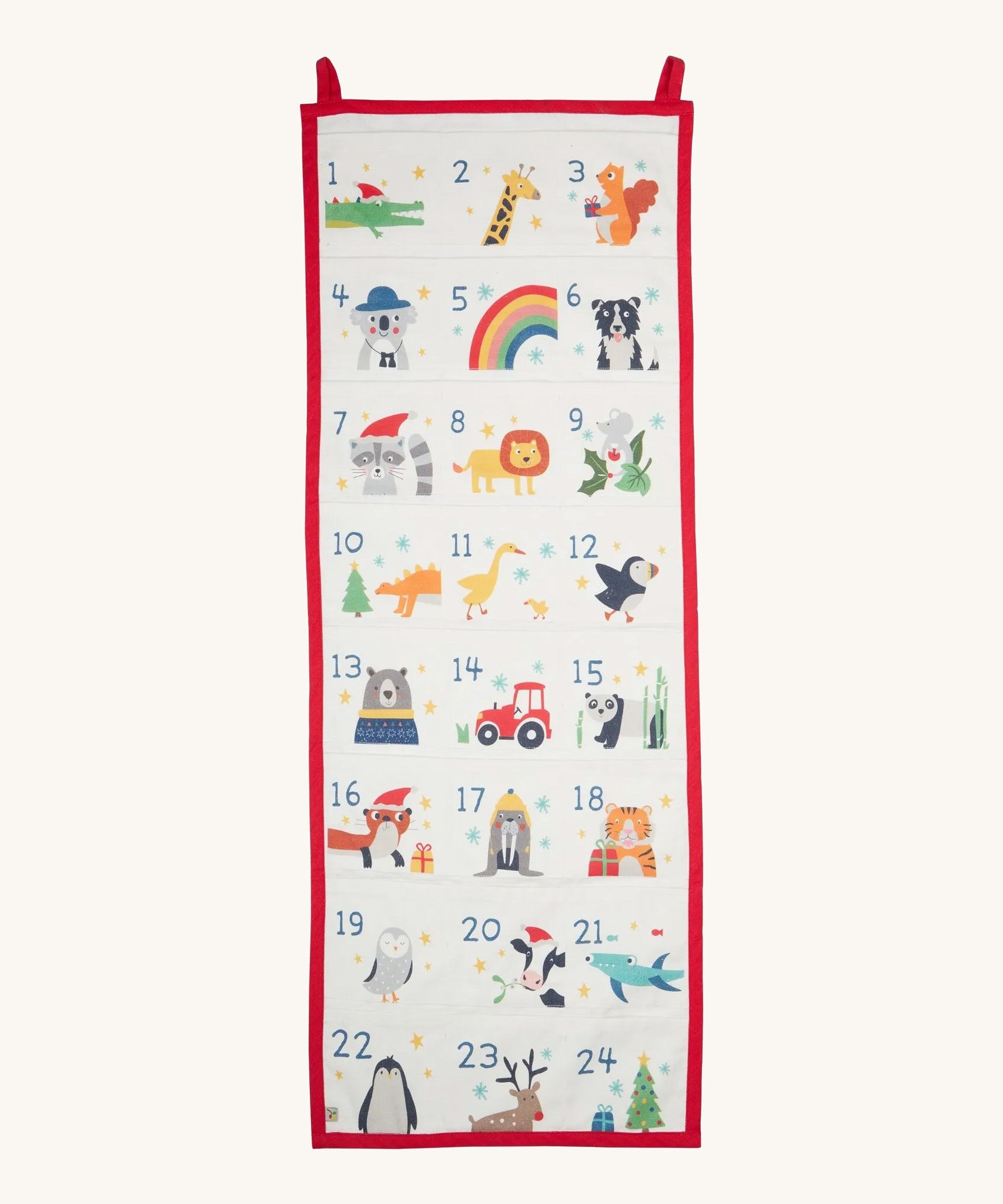 The Frugi Organic cotton Christmas advent calendar - 24 pouch pockets to fill yourself, each one features a Frugi cartoon animal character