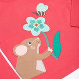 A close up of the front of the Frugi rose pink Organic Cotton Adventure mouse Applique long sleeved children's Top. This top is a part of a wide range of organic cotton clothing for children available here at Babipur.