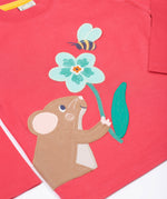 A close up of the front of the Frugi rose pink Organic Cotton Adventure mouse Applique long sleeved children's Top. This top is a part of a wide range of organic cotton clothing for children available here at Babipur.