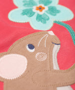 A close up of the mouse on the front of the Frugi rose pink Organic Cotton Adventure mouse Applique long sleeved children's Top. This top is a part of a wide range of organic cotton clothing for children available here at Babipur.