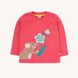 Frugi rose pink Organic Cotton Adventure mouse Applique long sleeved children's Top. This top is a part of a wide range of organic cotton clothing for children available here at Babipur.