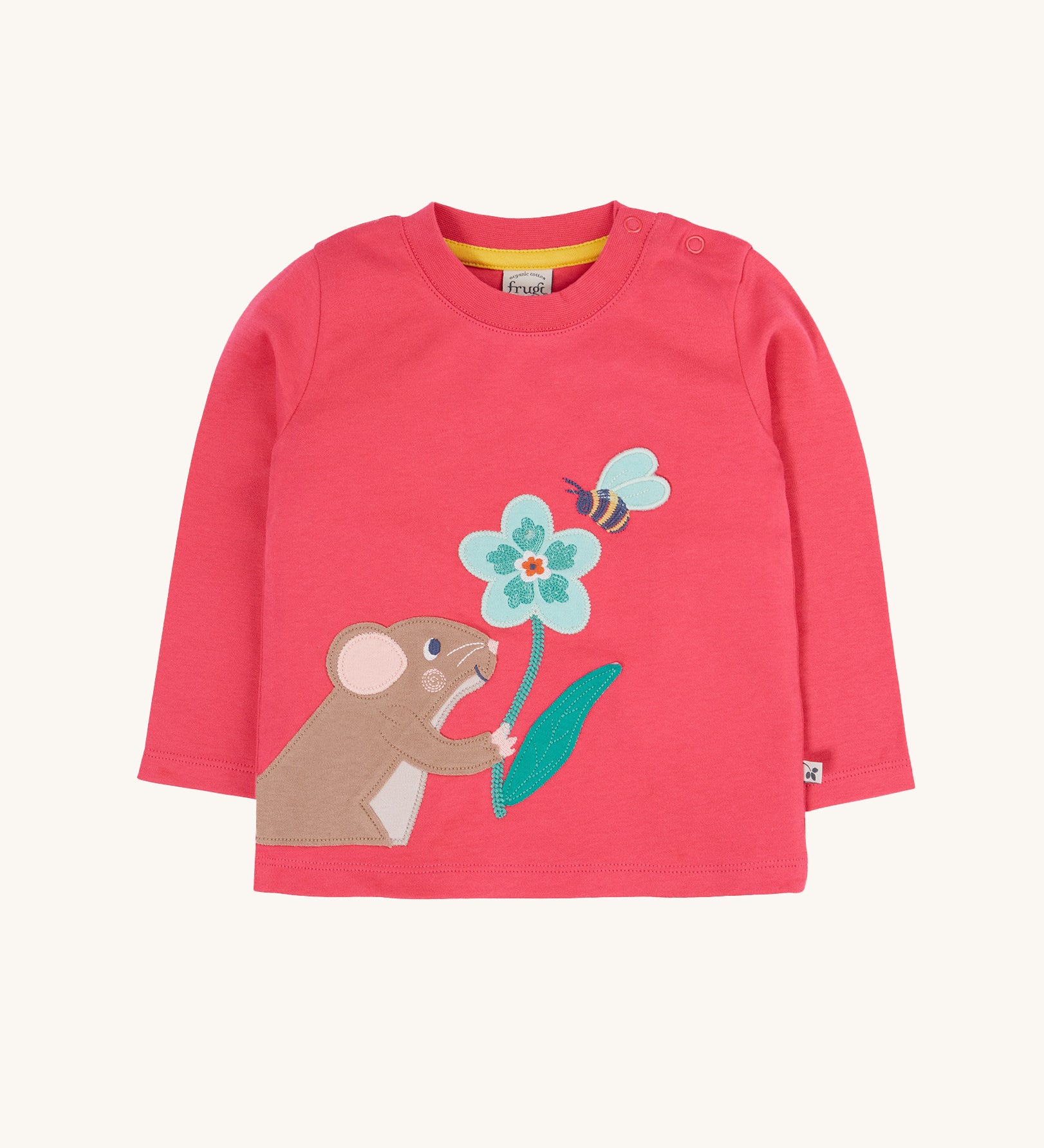 Frugi rose pink Organic Cotton Adventure mouse Applique long sleeved children's Top. This top is a part of a wide range of organic cotton clothing for children available here at Babipur.