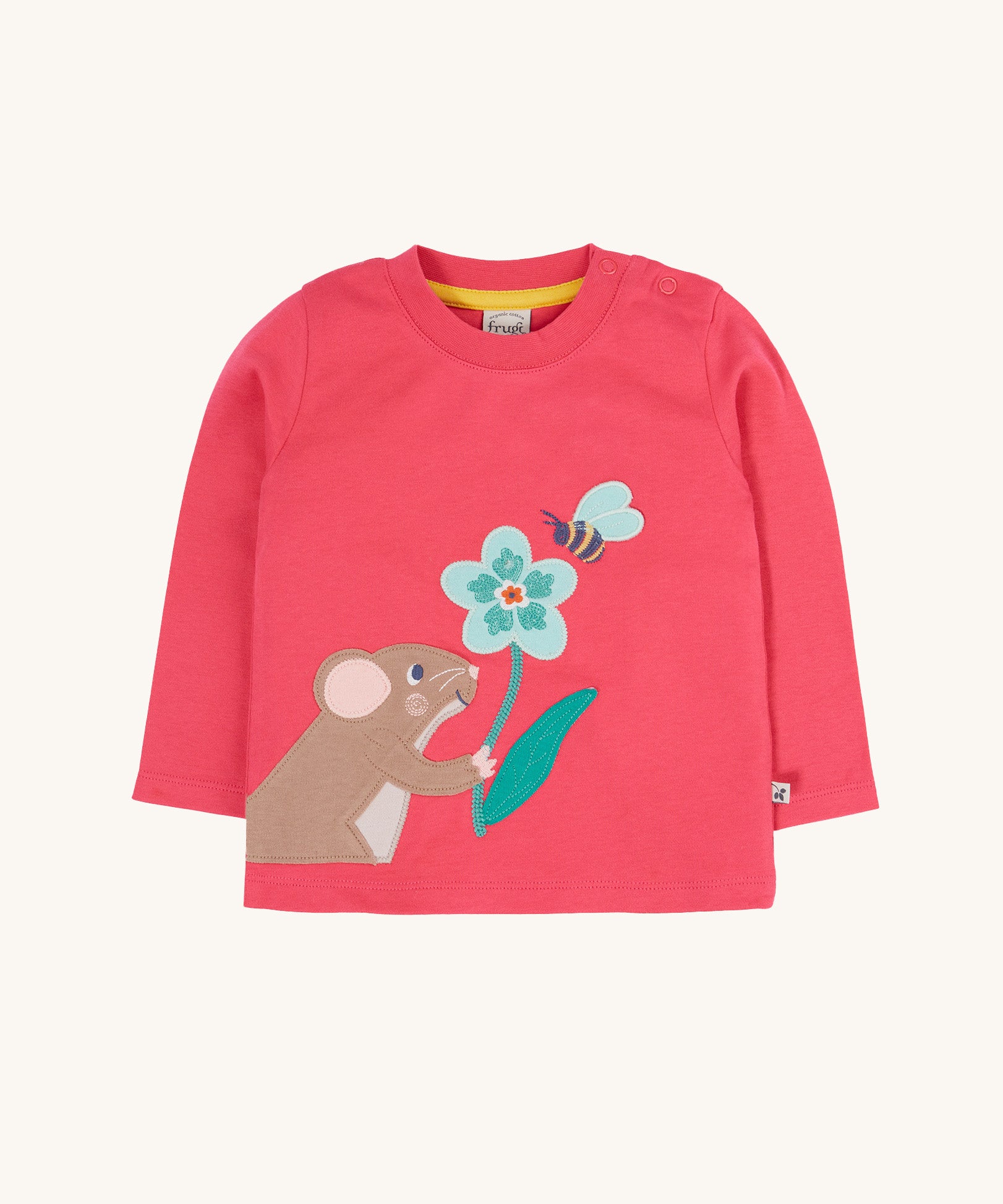 Frugi rose pink Organic Cotton Adventure mouse Applique long sleeved children's Top. This top is a part of a wide range of organic cotton clothing for children available here at Babipur.