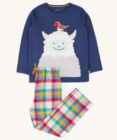 Frugi Organic Cotton Caden Christmas Pyjamas with Rainbow Check trousers and a navy long sleeved top with a Yeti applique. These pyjamas are part of a wide range of organic cotton clothing for children available here at Babipur.