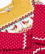 A close up of the front of the Frugi Festive Fair Isle Organic Cotton Kids' Carol Cardigan featuring red, yellow and green patterns and robin redbreast details. 
This knitted cardigan is a part of a wide range of organic cotton clothing for children available here at Babipur.
