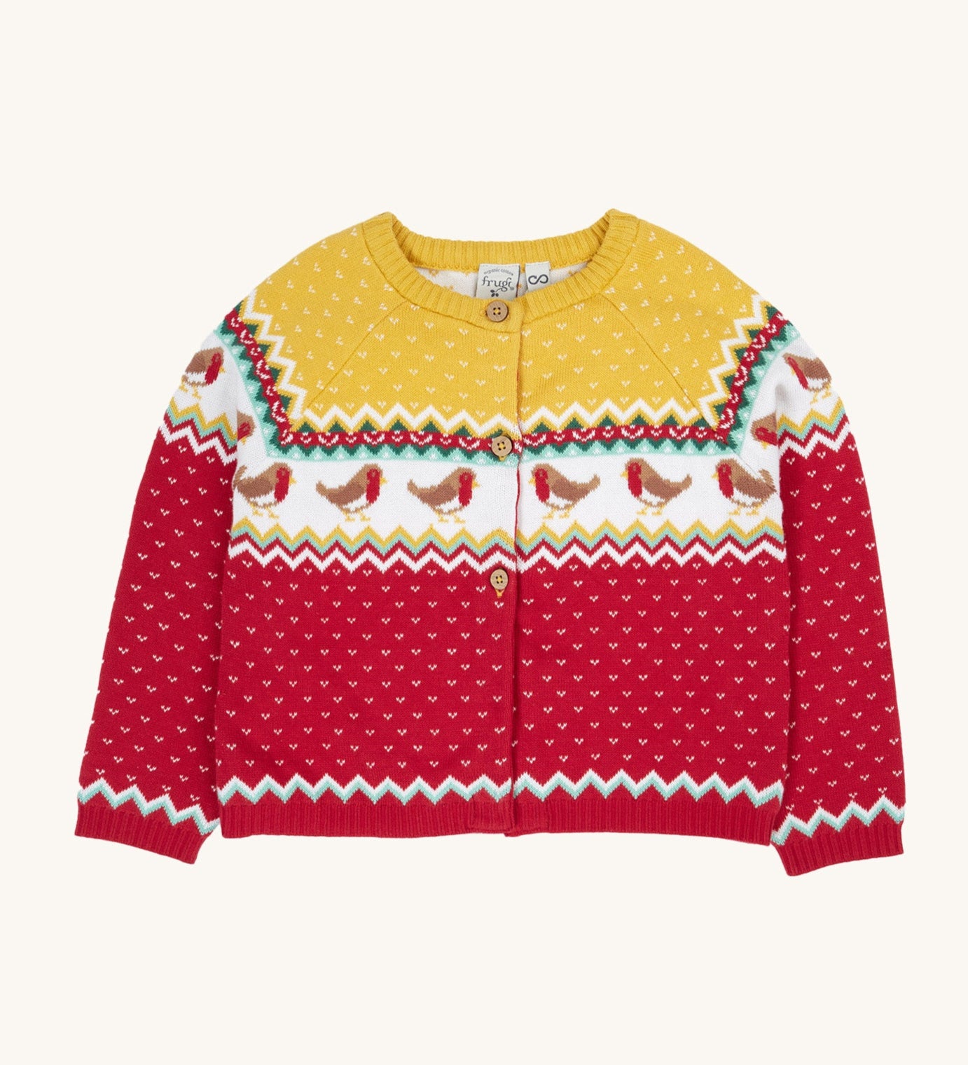 Frugi Festive Fair Isle Organic Cotton Kids' Carol Cardigan featuring red, yellow and green patterns and robin redbreast details. 
This knitted cardigan is a part of a wide range of organic cotton clothing for children available here at Babipur.
