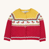 Frugi Festive Fair Isle Organic Cotton Kids' Carol Cardigan featuring red, yellow and green patterns and robin redbreast details. 
This knitted cardigan is a part of a wide range of organic cotton clothing for children available here at Babipur.