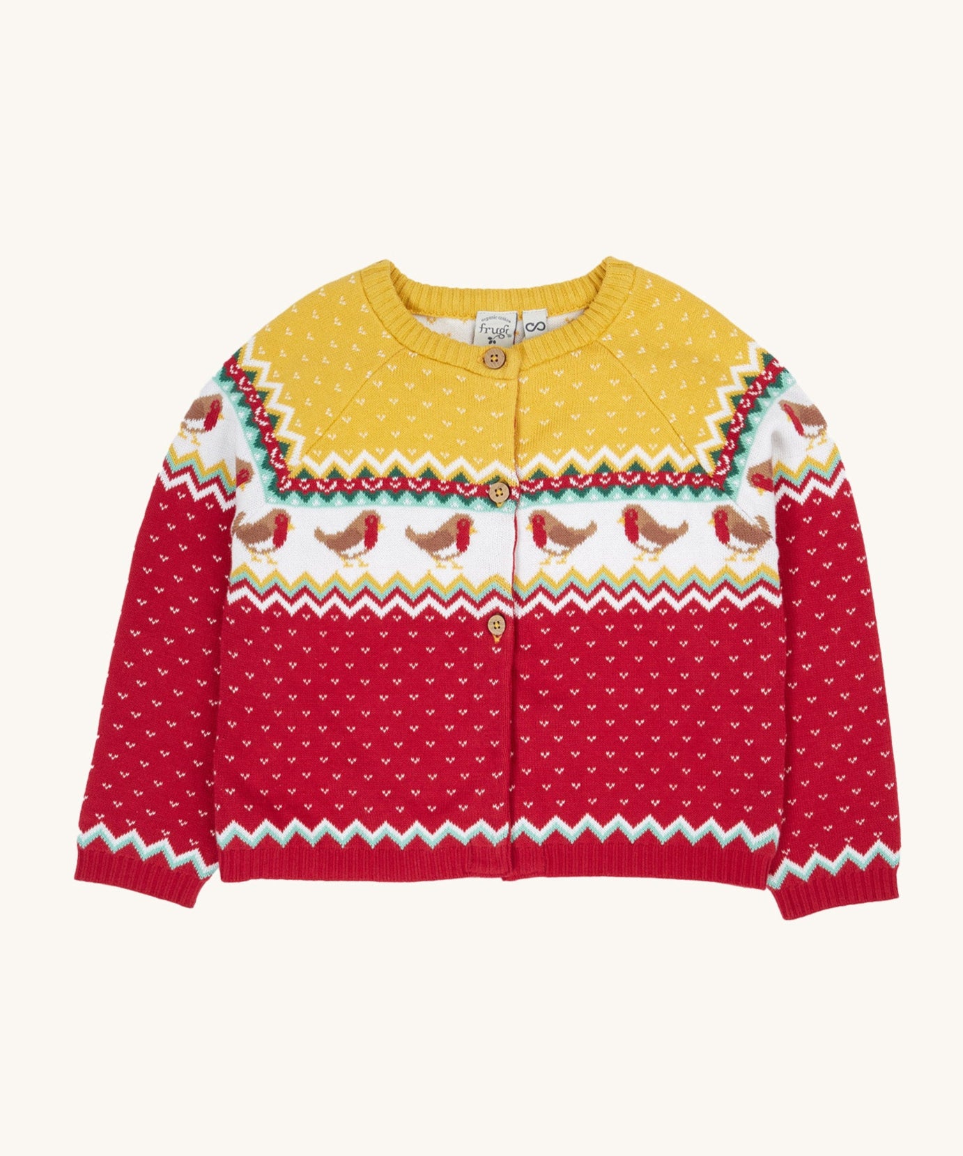 Frugi Festive Fair Isle Organic Cotton Kids' Carol Cardigan featuring red, yellow and green patterns and robin redbreast details. 
This knitted cardigan is a part of a wide range of organic cotton clothing for children available here at Babipur.