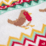 A close up of the robin details on the Frugi Festive Fair Isle Organic Cotton Kids' Carol Cardigan featuring red, yellow and green patterns and robin redbreast details. 
This knitted cardigan is a part of a wide range of organic cotton clothing for children available here at Babipur.