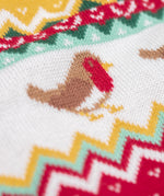 A close up of the robin details on the Frugi Festive Fair Isle Organic Cotton Kids' Carol Cardigan featuring red, yellow and green patterns and robin redbreast details. 
This knitted cardigan is a part of a wide range of organic cotton clothing for children available here at Babipur.
