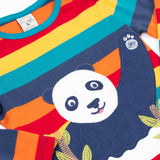 A close up pf the applique detail on the front of the Frugi Children's Bobby panda Applique rainbow striped Organic Cotton long sleeved Top. This children's top is part of a wide range of organic cotton clothing available here at Babipur.