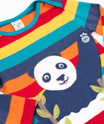 A close up pf the applique detail on the front of the Frugi Children's Bobby panda Applique rainbow striped Organic Cotton long sleeved Top. This children's top is part of a wide range of organic cotton clothing available here at Babipur.