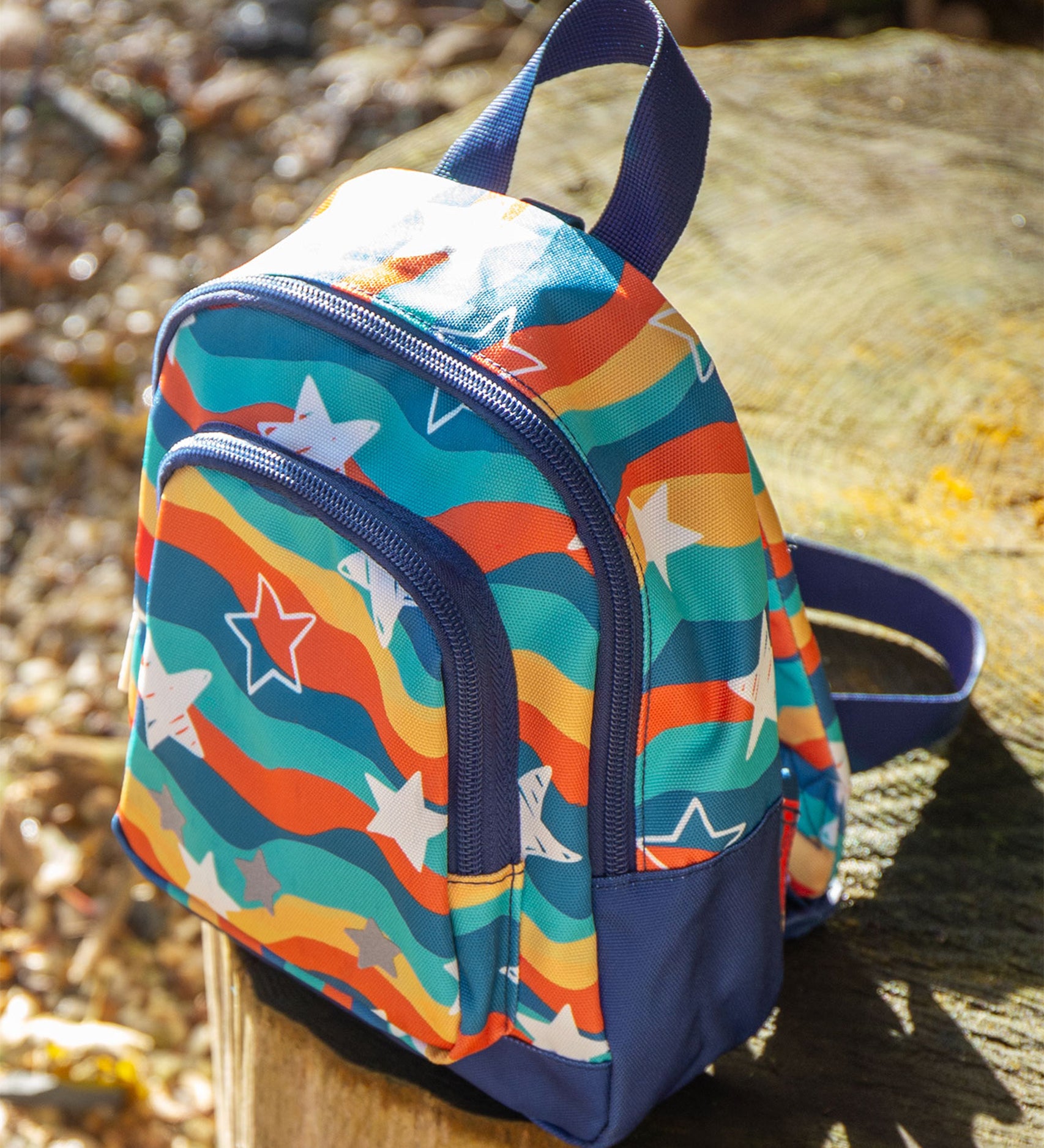 this Little Adventurers Backpack from Frugi comes in a rainbow print