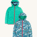 Frugi Reversible Toasty Trail Jacket - Wild Horses, in a bright turquoise colour and a beautiful horse print