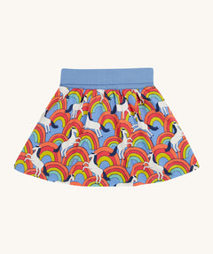 Frugi kids over the rainbow spring skort. - GOTS organic cotton kids skort with a multicoloured rainbow and white horse design with a light blue waist cuff.