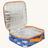Frugi kids pack a lunch bag in penguin waddle opened showing the insulated inner lining to keep contents fresh.
