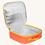 Frugi kids pack a lunch bag in rainbow sun opened showing the yellow trim detail and insulated inner lining to keep contents fresh