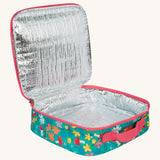 Frugi kids pack a lunch bag in wild woods opened showing the insulated inner lining to keep contents fresh.