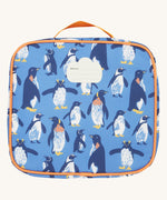 The back of the Frugi kids pack a lunch bag in penguin waddle showing the name tag patch on the top and orange carry handle detail