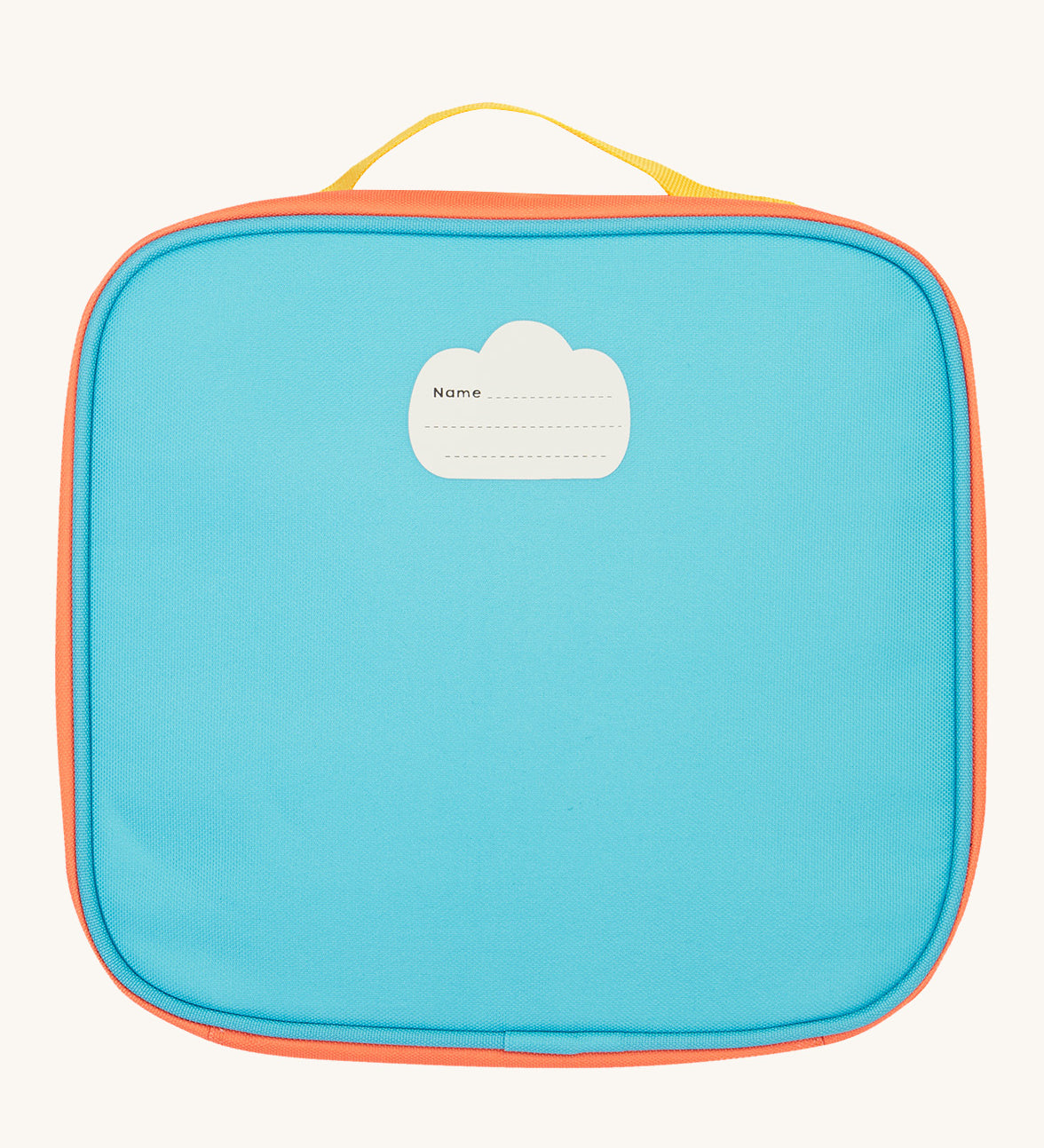 The back of the blue Frugi kids pack a lunch bag in rainbow sun showing the name tag patch on the top