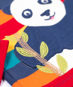 A close up of the embroidered bamboo detail on the panda applique on the front of the Frugi Children's Bobby panda Applique rainbow striped Organic Cotton long sleeved Top. This children's top is part of a wide range of organic cotton clothing available here at Babipur.