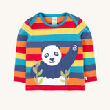 A Frugi Children's Bobby panda Applique rainbow striped Organic Cotton long sleeved Top. This children's top is part of a wide range of organic cotton clothing available here at Babipur.