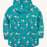 The back of the Frugi kids panda play puddle buster coat showing the playful panda, rainbow prints and reflective strip detail on waterproof material.