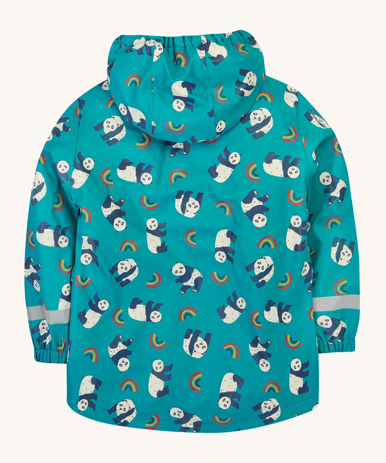 The back of the Frugi kids panda play puddle buster coat showing the playful panda, rainbow prints and reflective strip detail on waterproof material.
