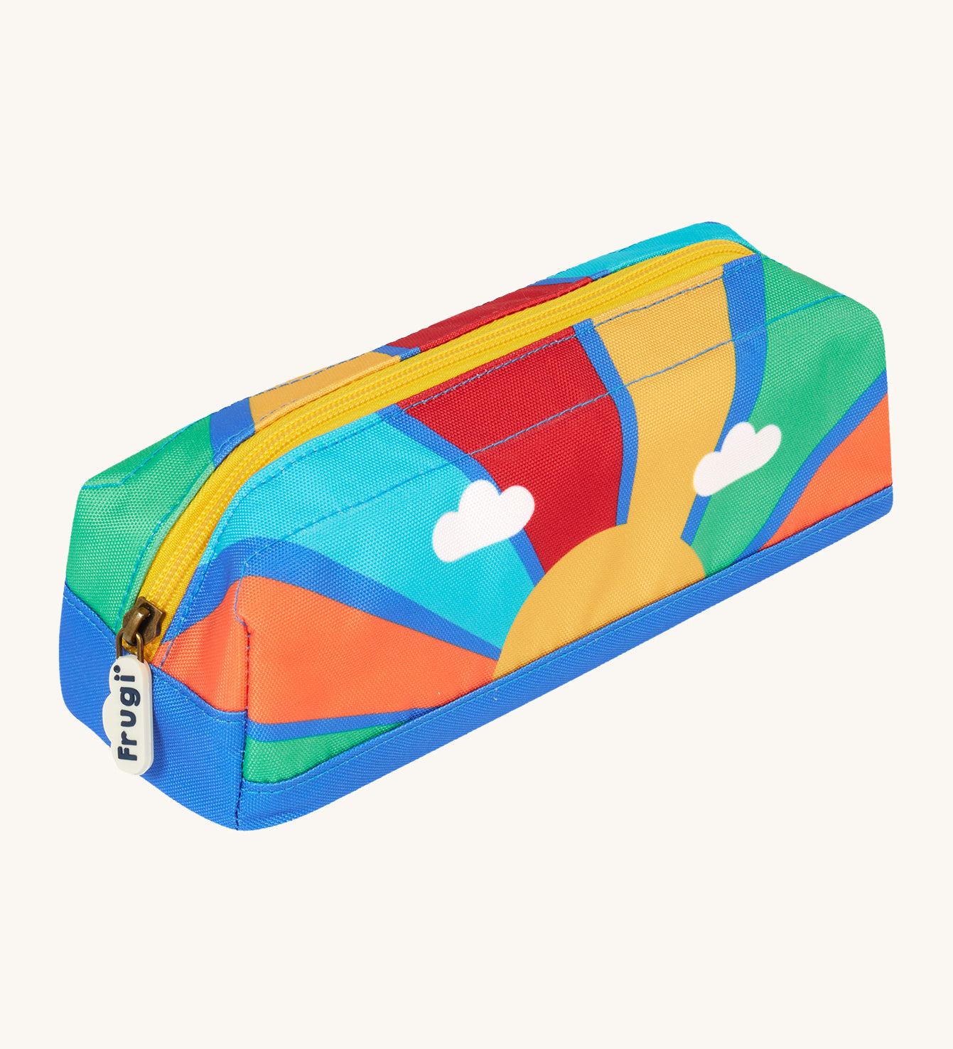 Frugi rainbow sun pencil case. A kids back to school pencil case with a rising sun design and rainbow colour block. Features a yellow zip trim.