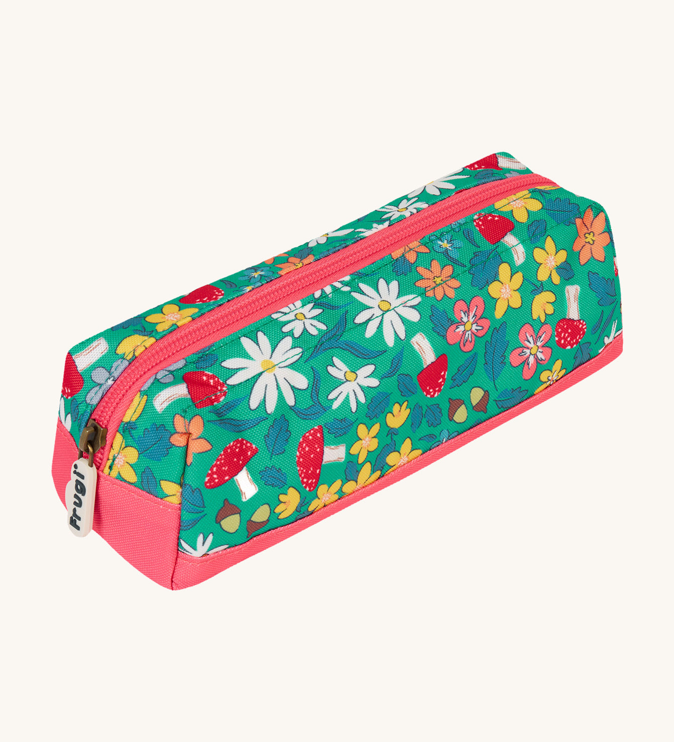 Frugi wild woods pencil case. A kids back to school green pencil case with a woodland inspired design and pink trim