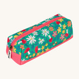 Frugi wild woods pencil case. A kids back to school green pencil case with a woodland inspired design and pink trim