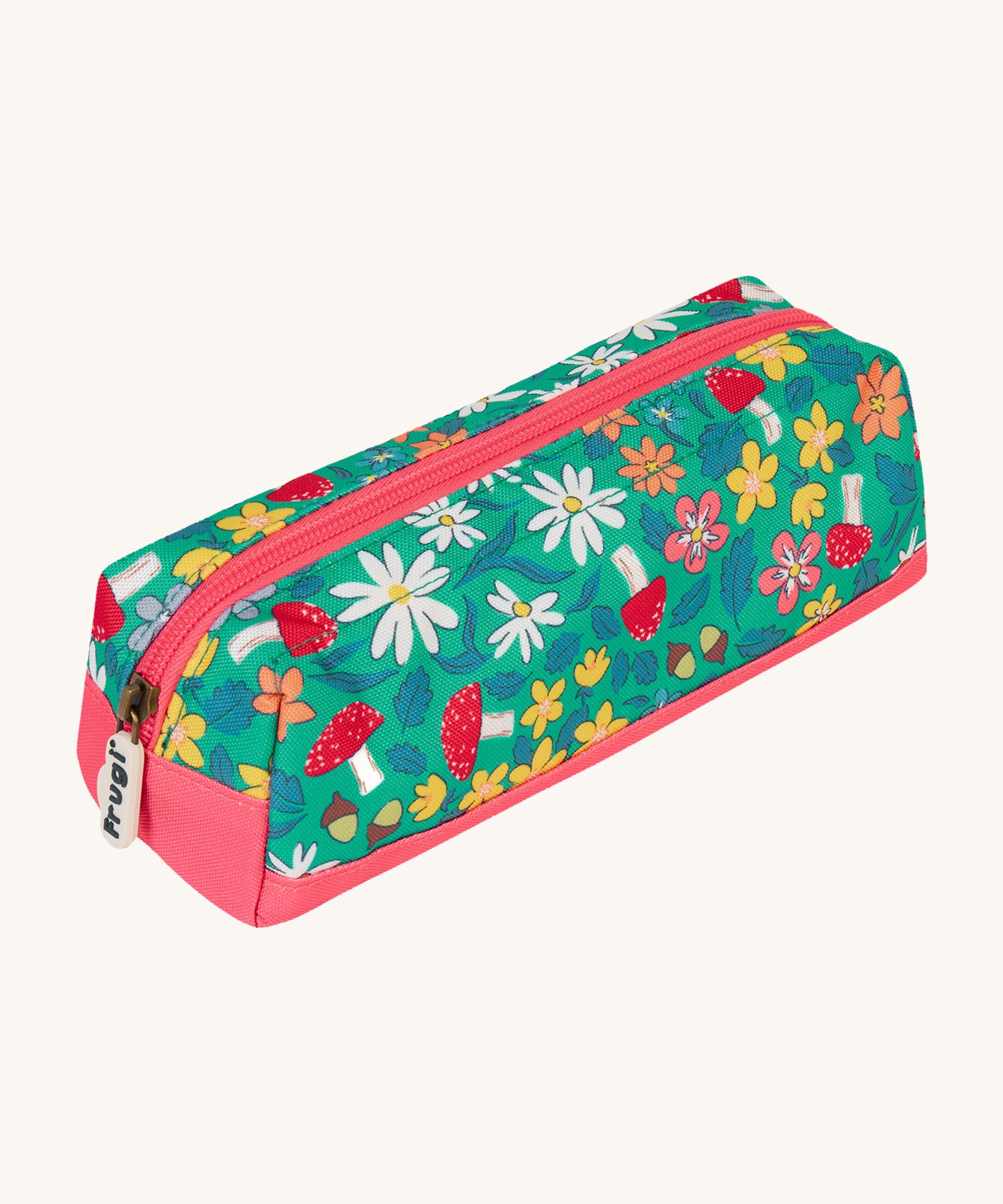 Frugi wild woods pencil case. A kids back to school green pencil case with a woodland inspired design and pink trim