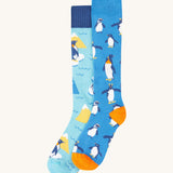 Frugi penguin brilliant boot sock 2 pack - GOTS organic cotton high socks in light and dark blue with different penguins. Features a light elasticated cuff for a snug fit