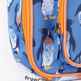A close up of the Frugi kids pack a lunch bag in penguin waddle. Showing the orange trim and zip detail