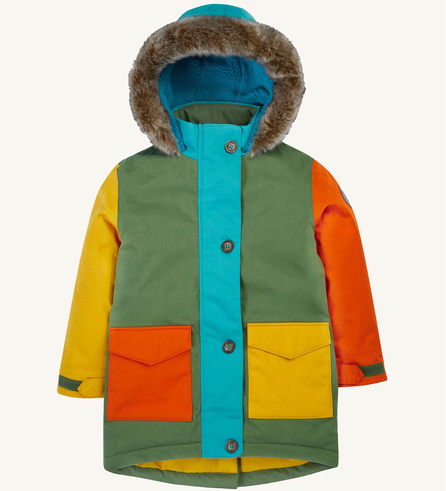 Frugi kids penhale Khaki parka- A long length thick coat with a blue fleece inner and furry hood for warmth. Features  full length button decoration and 2 side pockets in dark orange and yellow colour.
