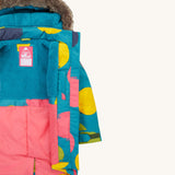 Frugi kids penhale super spot parka- A long length thick coat. Features a blue fleece inner liner for warmth and a name tag stitched on the inside