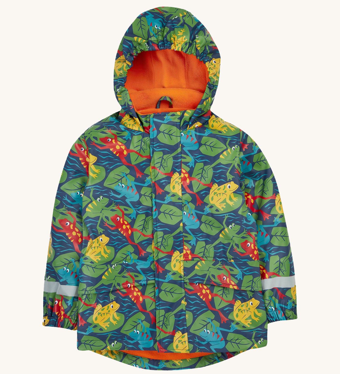 Frugi kids puddle buster coat in be hoppy. A navy waterproof hooded coat with multiple playful prints of frogs on Lilly pads and orange fleece on the inside. Features 2 side pockets, reflective straps on the wrist cuffs and a hook on the inside to hang up