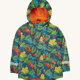 Frugi kids puddle buster coat in be hoppy. A navy waterproof hooded coat with multiple playful prints of frogs on Lilly pads and orange fleece on the inside. Features 2 side pockets, reflective straps on the wrist cuffs and a hook on the inside to hang up