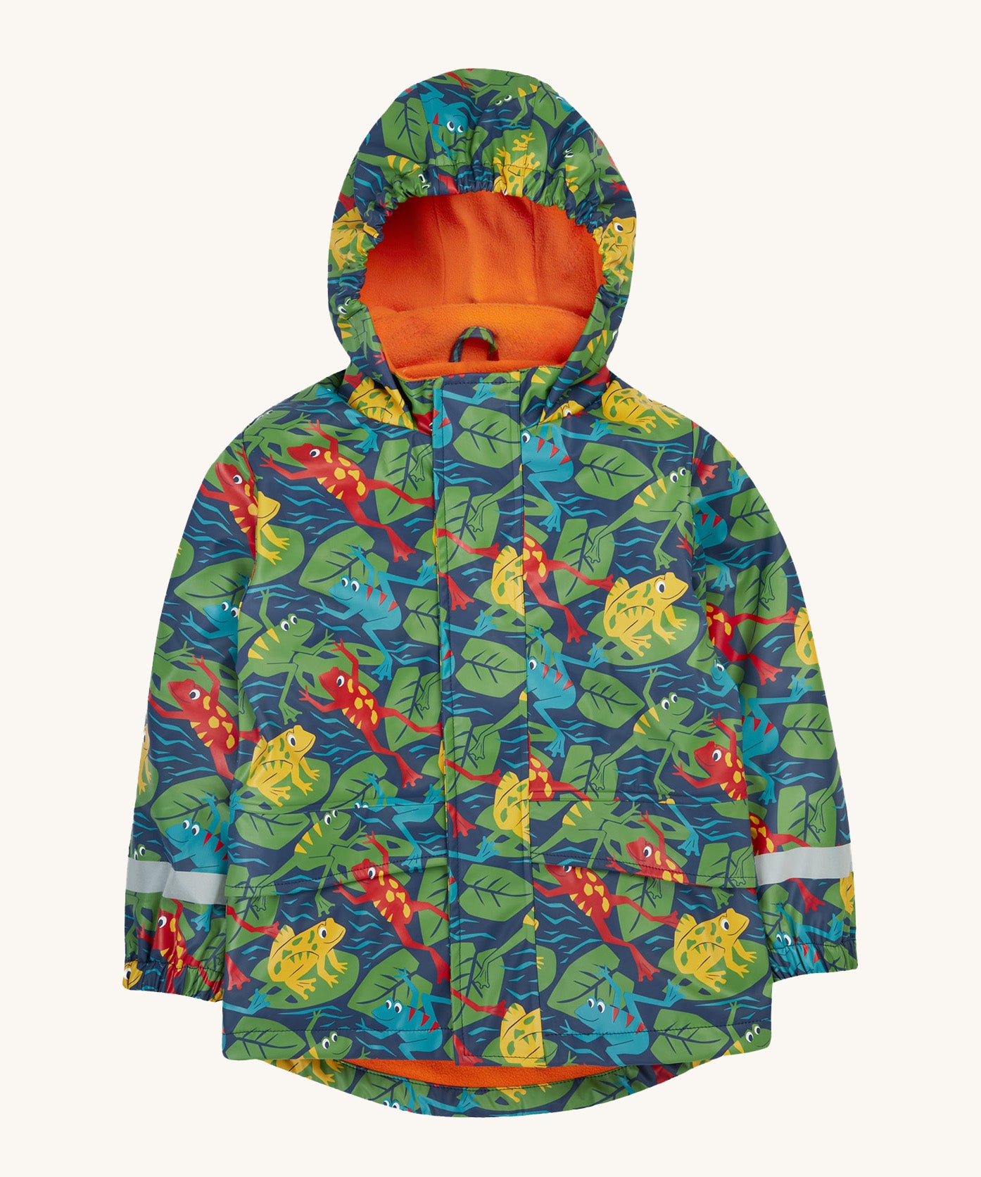 Frugi kids puddle buster coat in be hoppy. A navy waterproof hooded coat with multiple playful prints of frogs on Lilly pads and orange fleece on the inside. Features 2 side pockets, reflective straps on the wrist cuffs and a hook on the inside to hang up