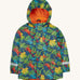 Frugi kids puddle buster coat in be hoppy. A navy waterproof hooded coat with multiple playful prints of frogs on Lilly pads and orange fleece on the inside. Features 2 side pockets, reflective straps on the wrist cuffs and a hook on the inside to hang up