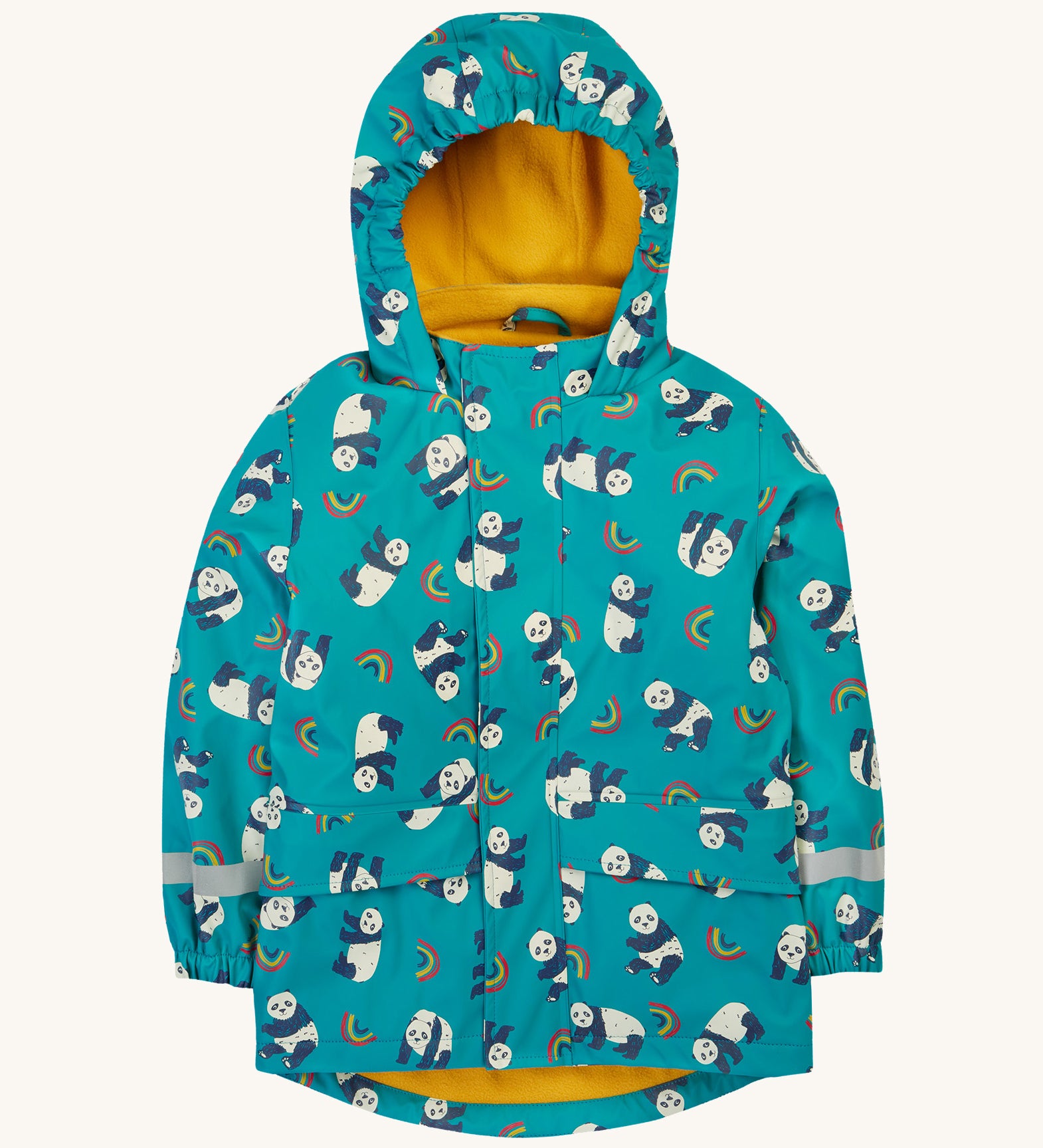 Frugi kids puddle buster coat in panda play. A light blue waterproof hooded coat with multiple playful prints of pandas with rainbows and a yellow fleece on the inside. Features 2 side pockets, reflective strips on the wrist cuffs and a hook on the inside to hang up.