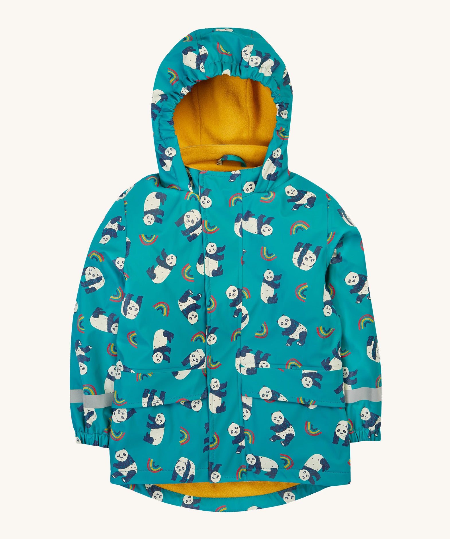 Frugi kids puddle buster coat in panda play. A light blue waterproof hooded coat with multiple playful prints of pandas with rainbows and a yellow fleece on the inside. Features 2 side pockets, reflective strips on the wrist cuffs and a hook on the inside to hang up.