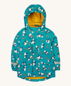 Frugi kids puddle buster coat in panda play. A light blue waterproof hooded coat with multiple playful prints of pandas with rainbows and a yellow fleece on the inside. Features 2 side pockets, reflective strips on the wrist cuffs and a hook on the inside to hang up.