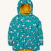 Frugi kids puddle buster coat in panda play. A light blue waterproof hooded coat with multiple playful prints of pandas with rainbows and a yellow fleece on the inside. Features 2 side pockets, reflective strips on the wrist cuffs and a hook on the inside to hang up.