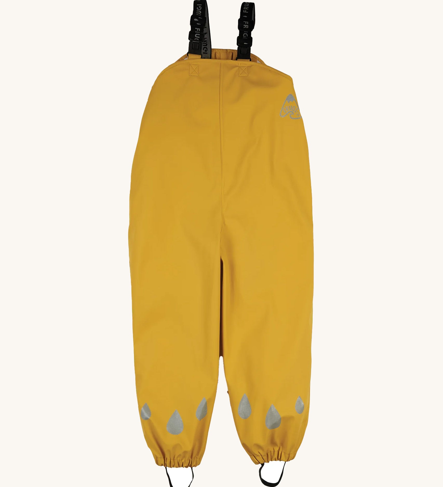 The Frugi children's waterproof Puddle buster trousers with elasticated arm straps, in bright Bumble Bee Yellow.
