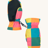 The back of the Frugi kids rainbow check snow mittens. Showing the grippy palm detail on recycled polyester fabric.