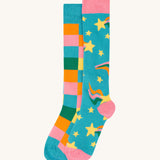 Frugi rainbow brilliant boot sock 2 pack - GOTS organic cotton high socks with bold, bright check and stars print. Features a light elasticated cuff for a snug fit