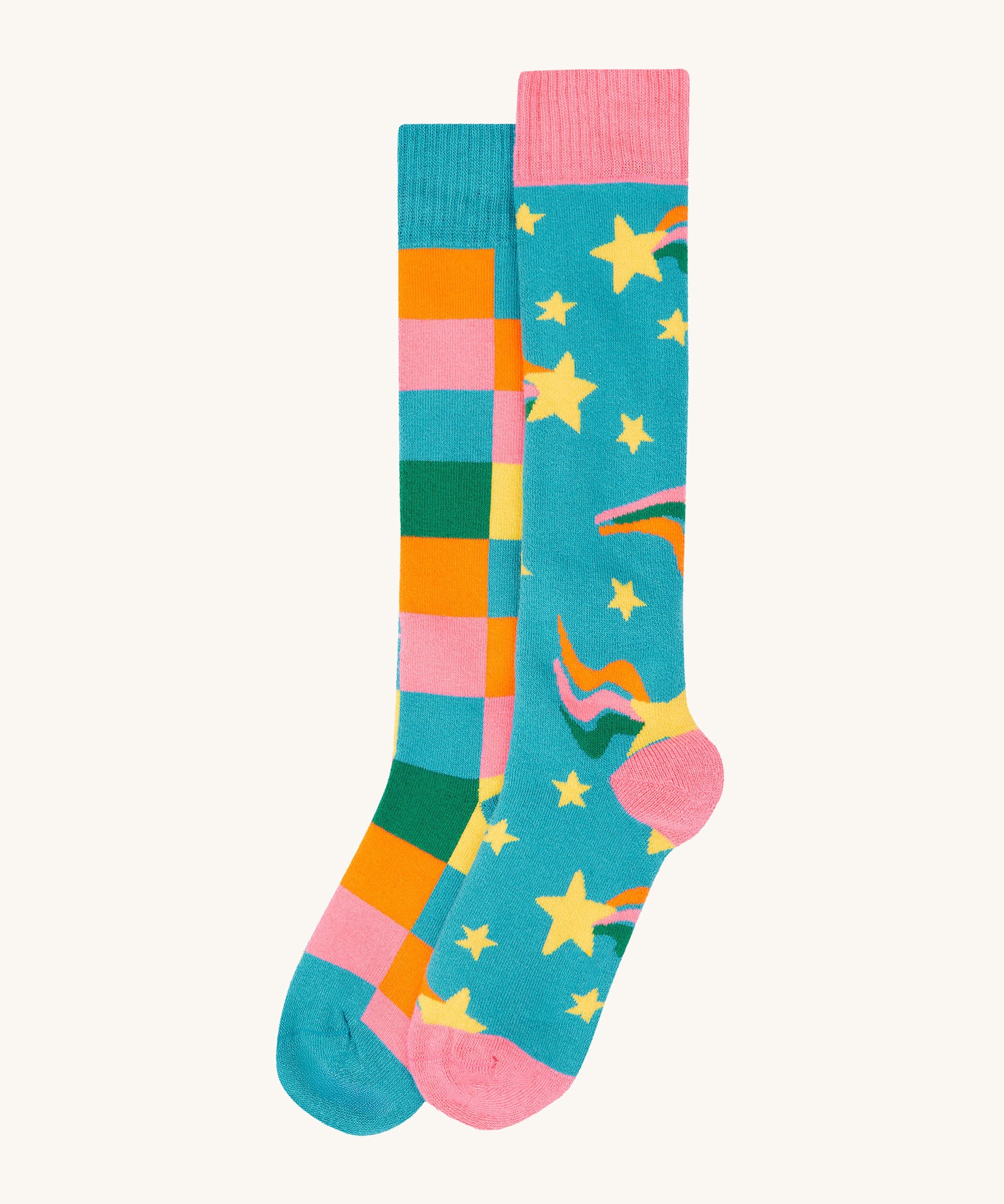 Frugi rainbow brilliant boot sock 2 pack - GOTS organic cotton high socks with bold, bright check and stars print. Features a light elasticated cuff for a snug fit