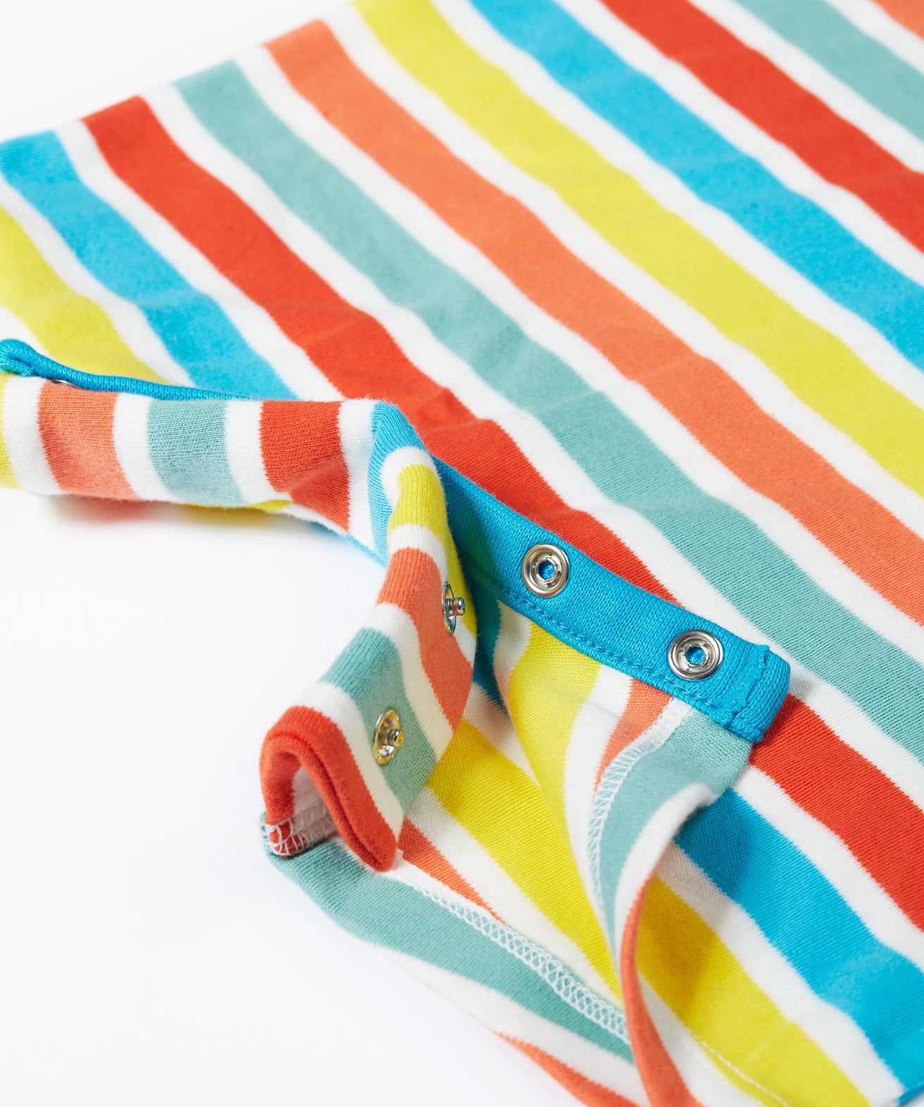 A close up of Frugi Dune Romper in Sea Rainbow Stripe print, featuring popper fastenings.