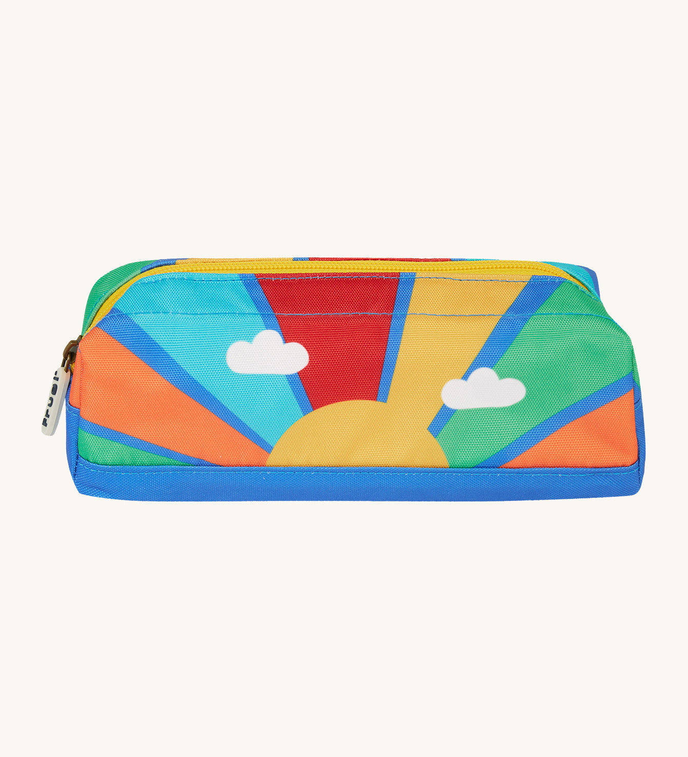 Frugi rainbow sun pencil case. A kids back to school pencil case with a rising sun design and rainbow colour block and blue trim